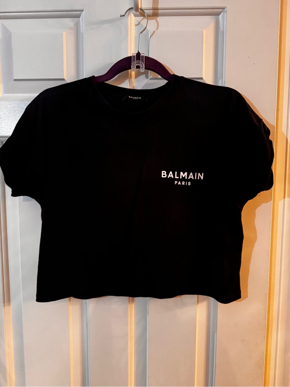 Balmain Black Cropped Logo Tee with White Print